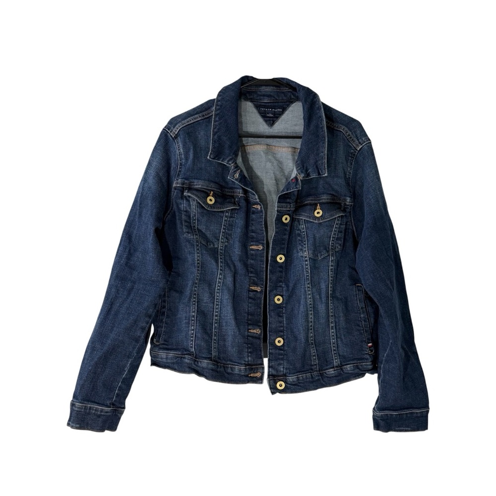 Tommy Hilfiger Size XXL Denim Jacket Dark Wash Button Closure Gold Buttons Used